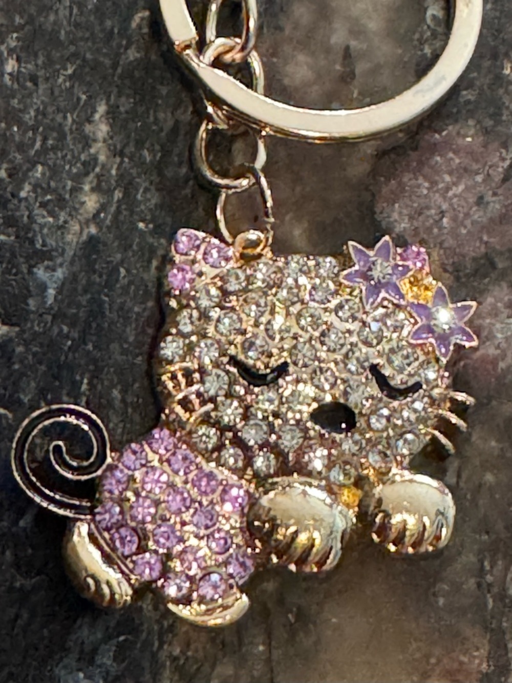 Kitty Cat Bag Charm NIP Keychain Enamel Rhinestones NEW Lavender Lilac